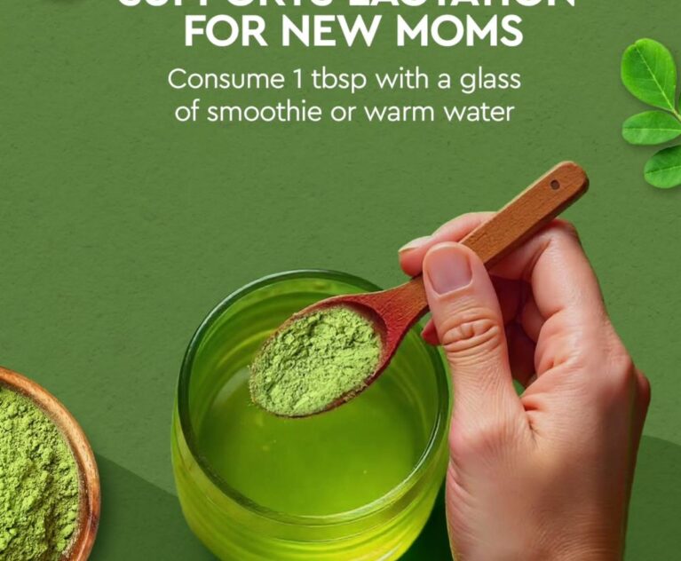 Moriva Organics Moringa Powder 200g pouch with a wooden spoon of green powder