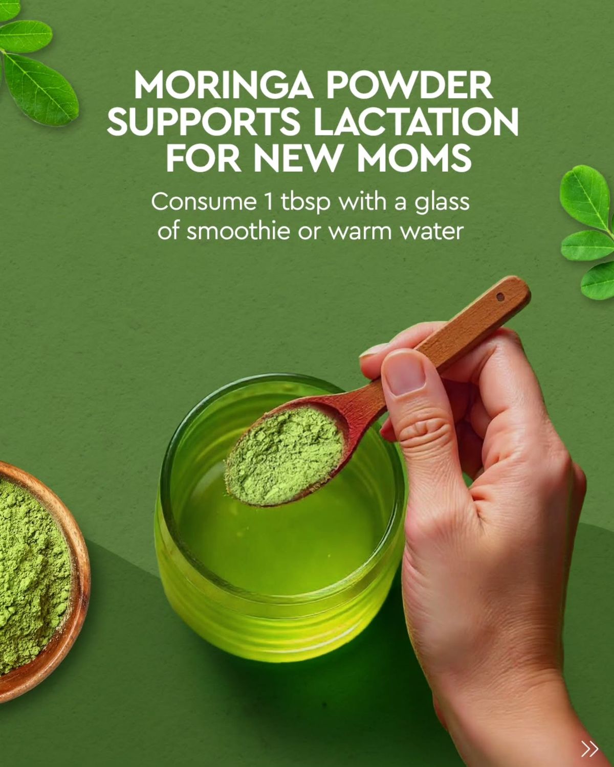 Moriva Organics Moringa Powder 200g pouch with a wooden spoon of green powder
